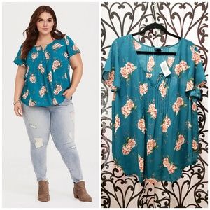 TORRID Plus Turquoise Floral Chiffon Shirt Blouse